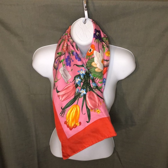Gucci Vintage Flora Snake Print Silk Scarf